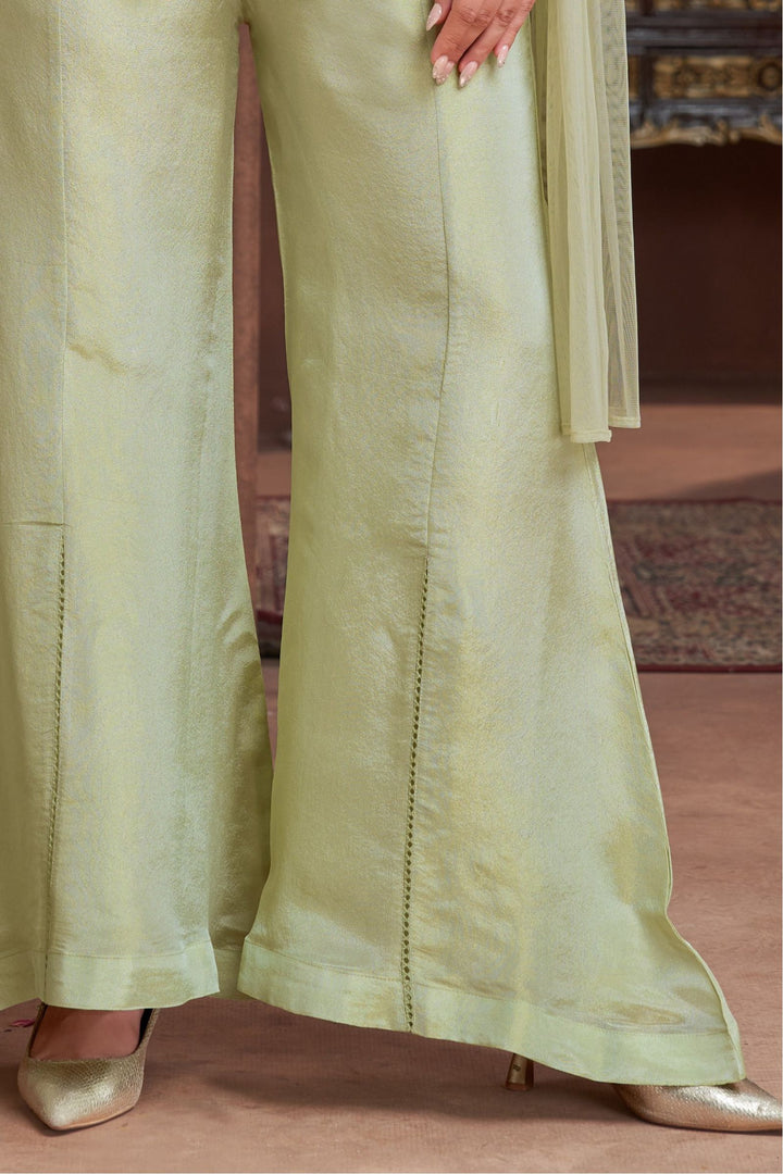 Pista Green Palazzo Salwar Suit with Embroidery, Beads and Sequins Detailing