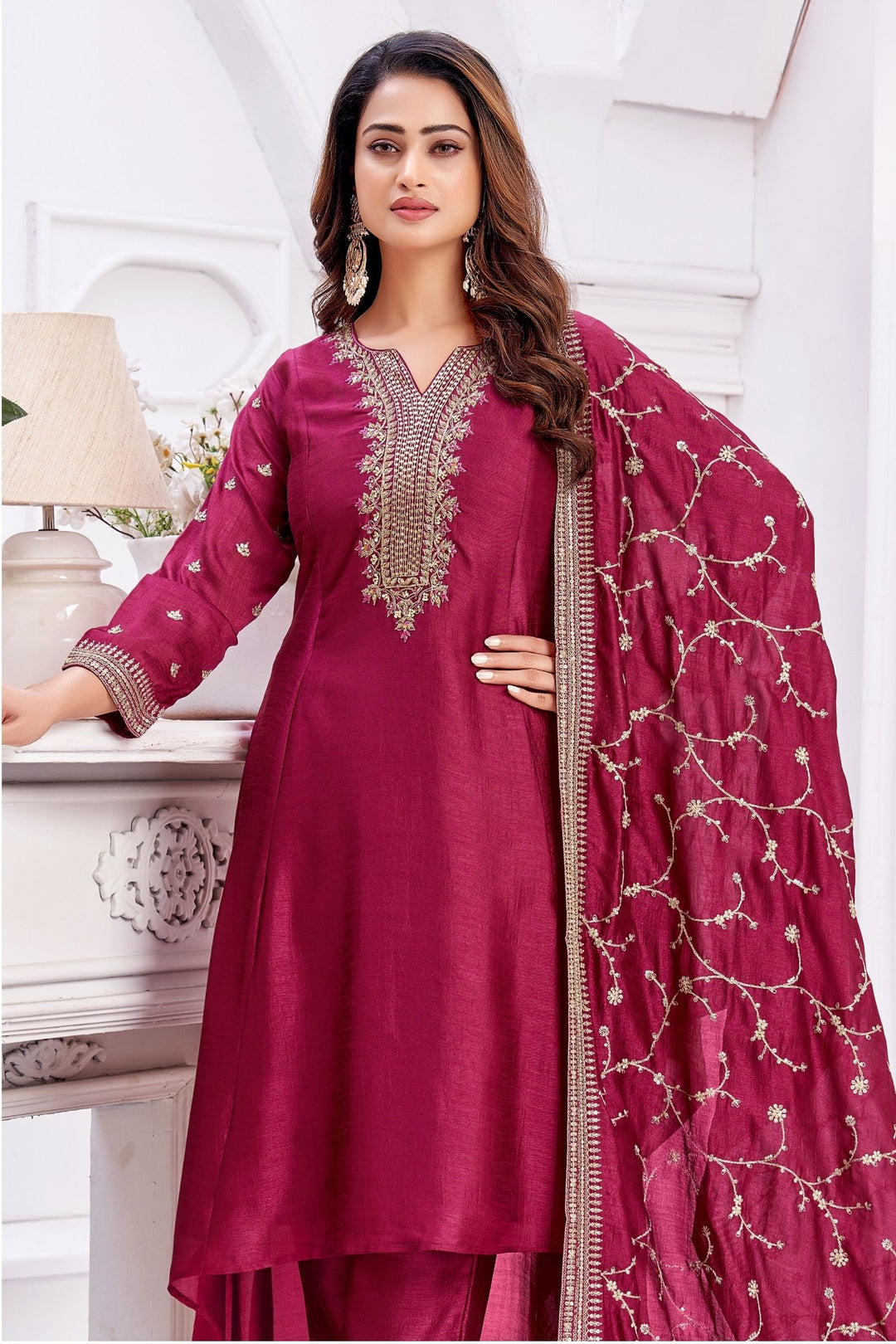 Magenta Beads, Sequins, Mirror, Stone and Thread work A-line Cut Salwar Suit