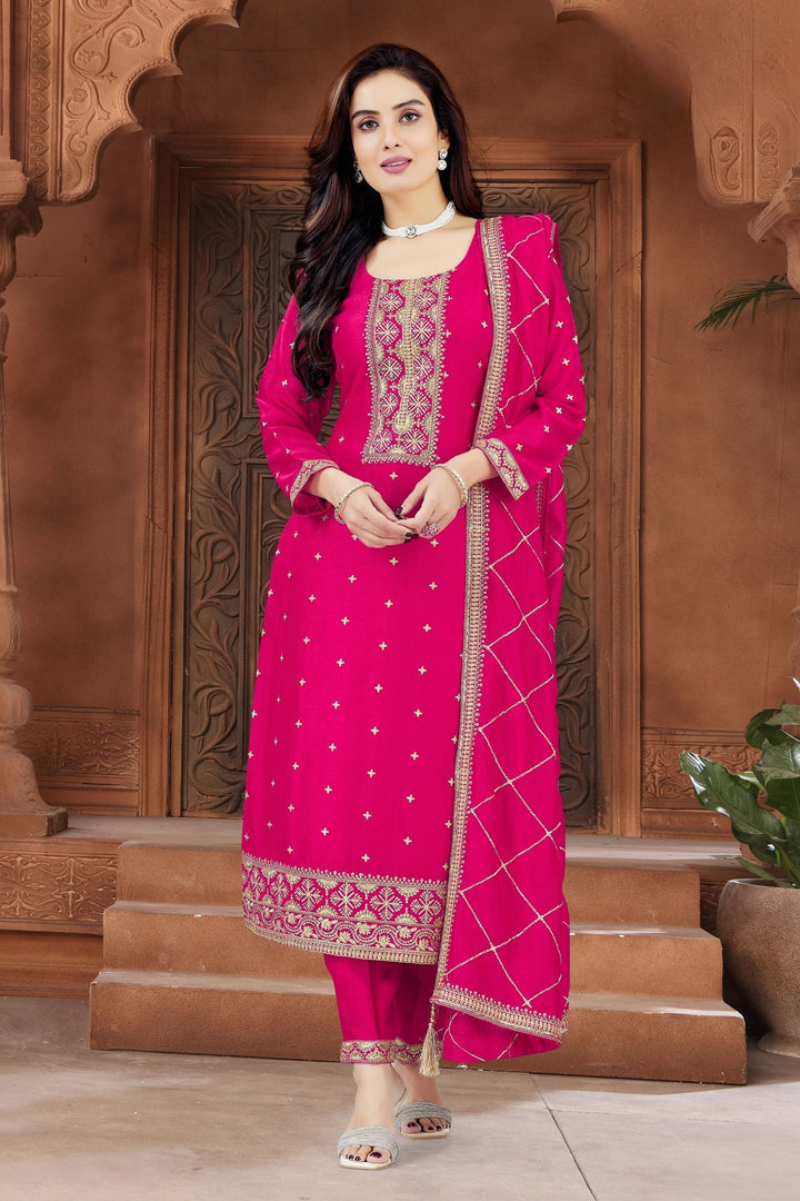 Rani Pink Sequins, Zari and Beads work Straight Cut Salwar Suit