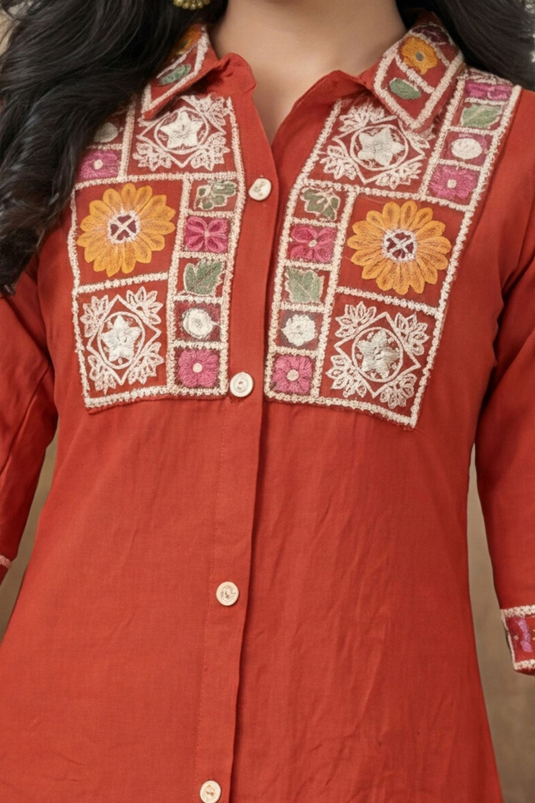 Rust Multicolor Embroidery and Sequins work Co-ord Set for Girls