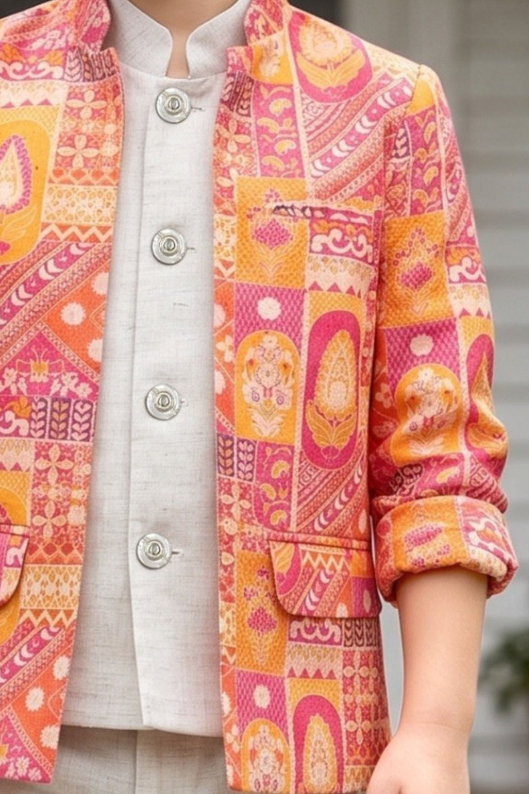 Half White Kurta with Multicolor Digital Print Waistcoat for Boys