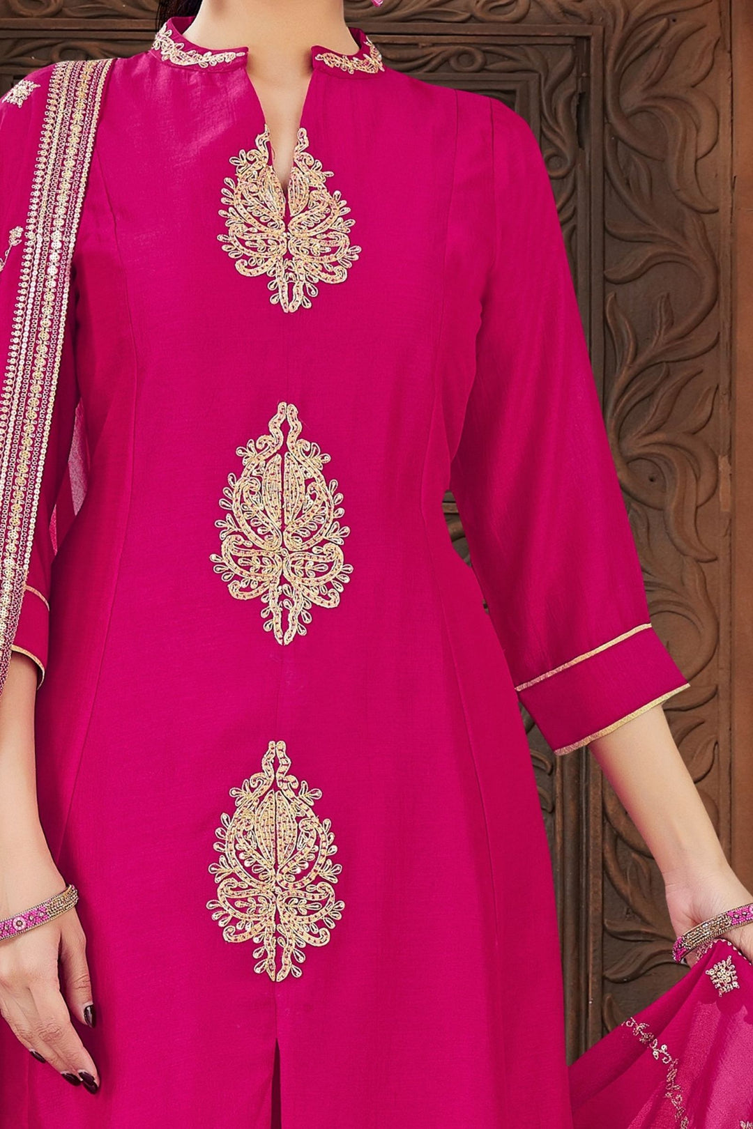Rani Pink Beads and Sequins work A-line Cut Salwar Suit