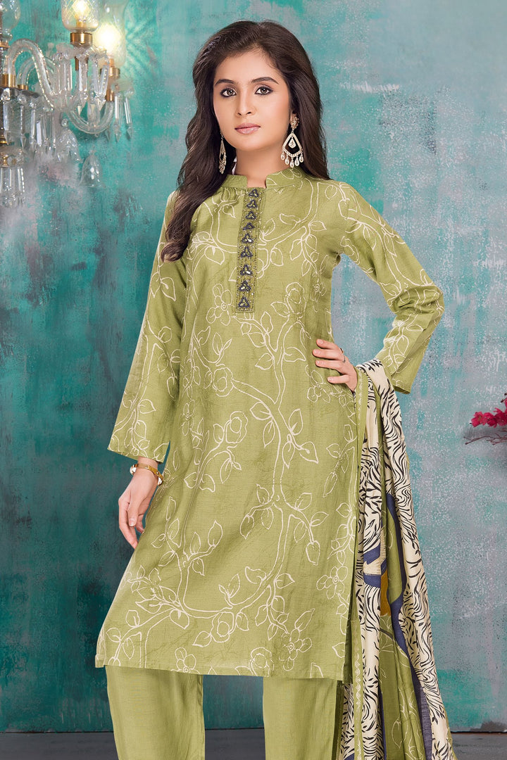 Pista Green Mirror and Beads work with Printed Straight Cut Salwar Suit for Girls