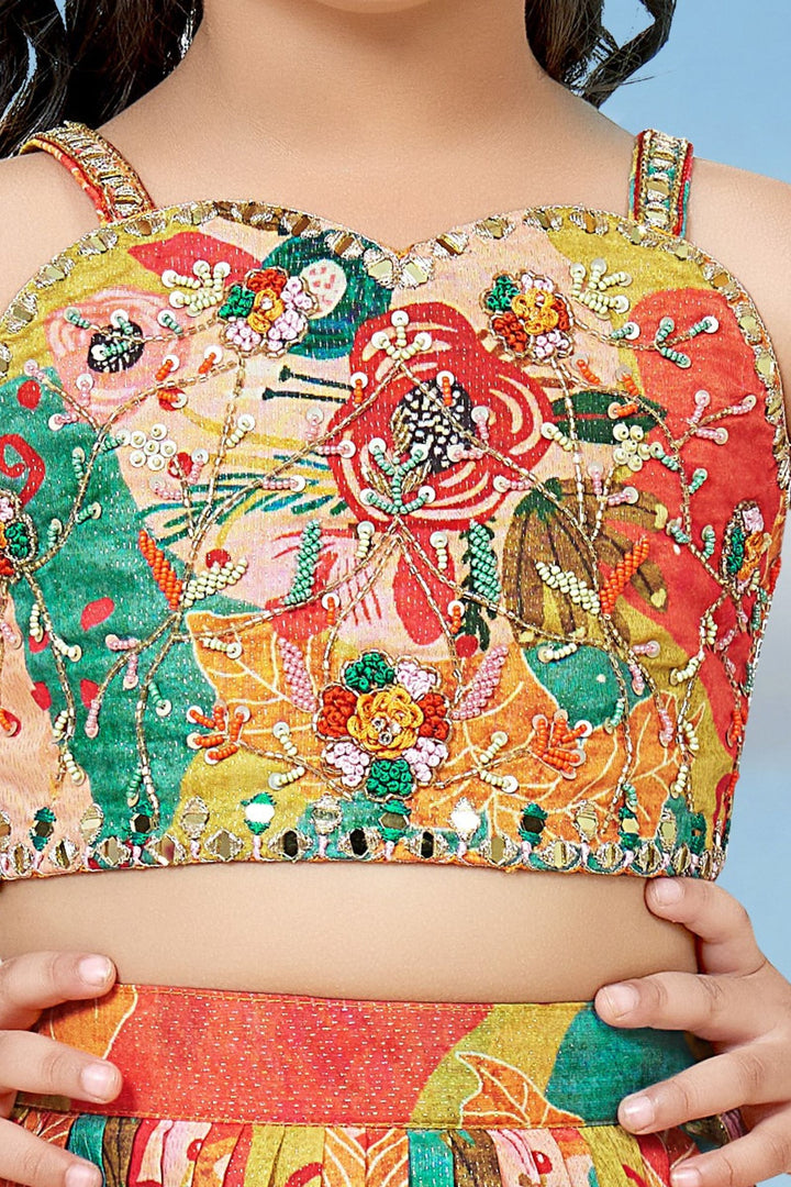 Multicolor Digital Print, Beads, Mirror and Zari Weaving work Lehenga Choli for Girls