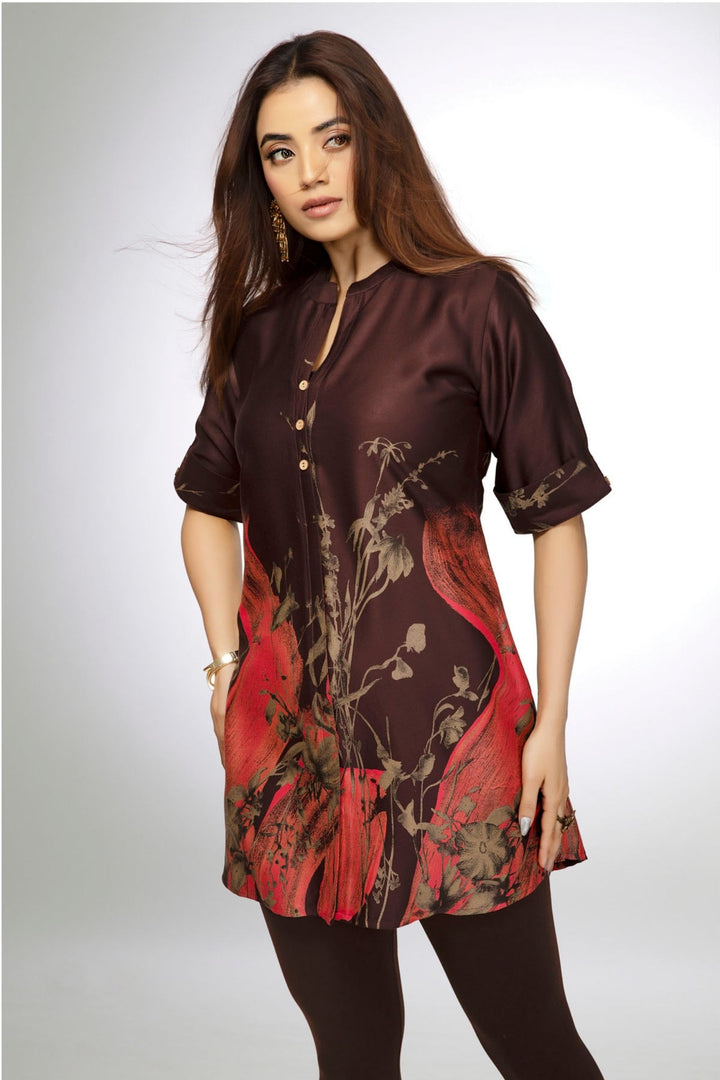 Coffee Brown Floral Print Short Kurti