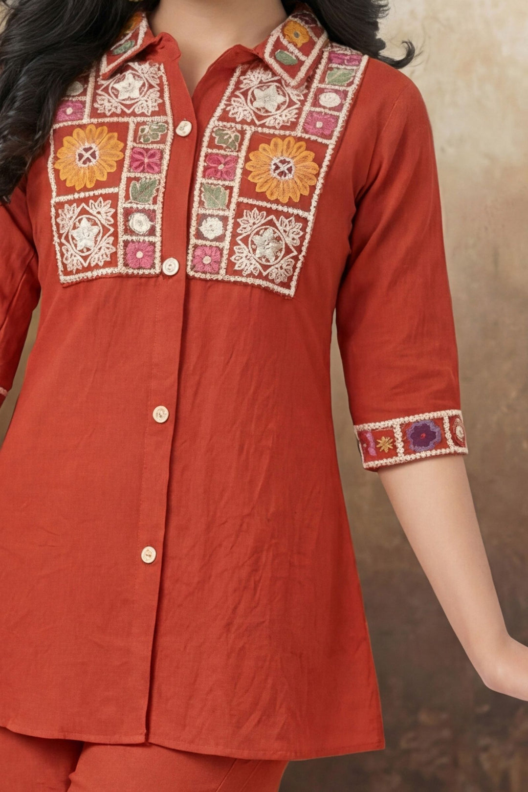 Rust Multicolor Embroidery and Sequins work Co-ord Set for Girls