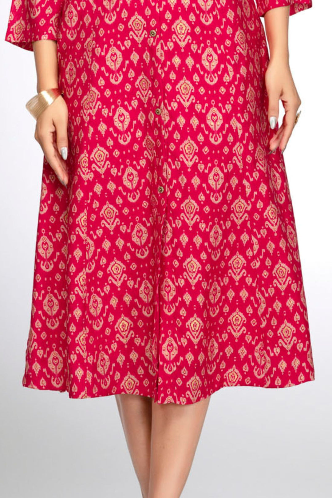 Rani Pink Embroidery and Mirror work with Digital Print Calf Length Kurti