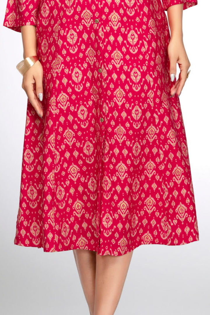Rani Pink Embroidery and Mirror work with Digital Print Calf Length Kurti