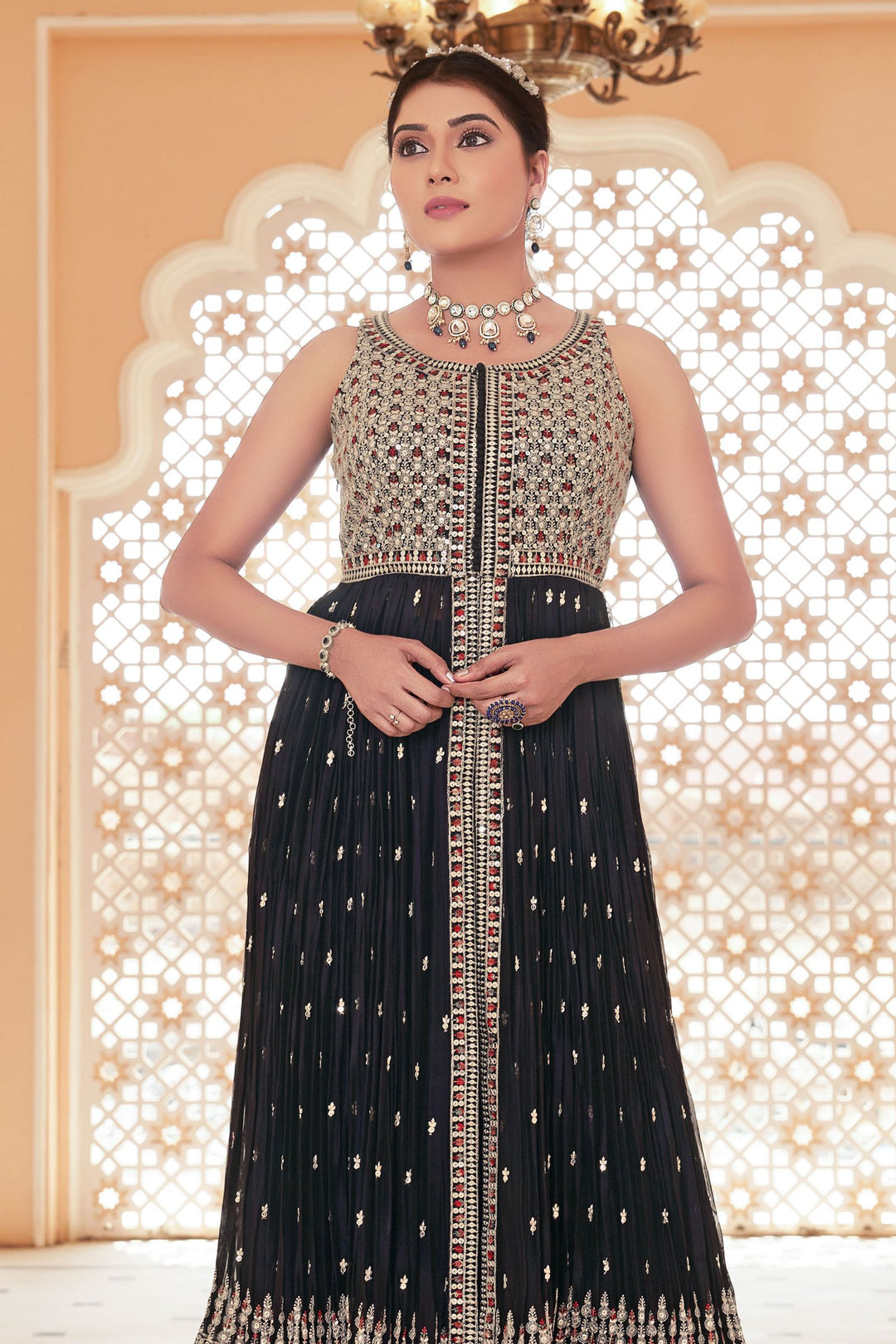 Navy Blue Sequins, Zari and Multicolor Thread work Salwar Suit with Palazzo Pants