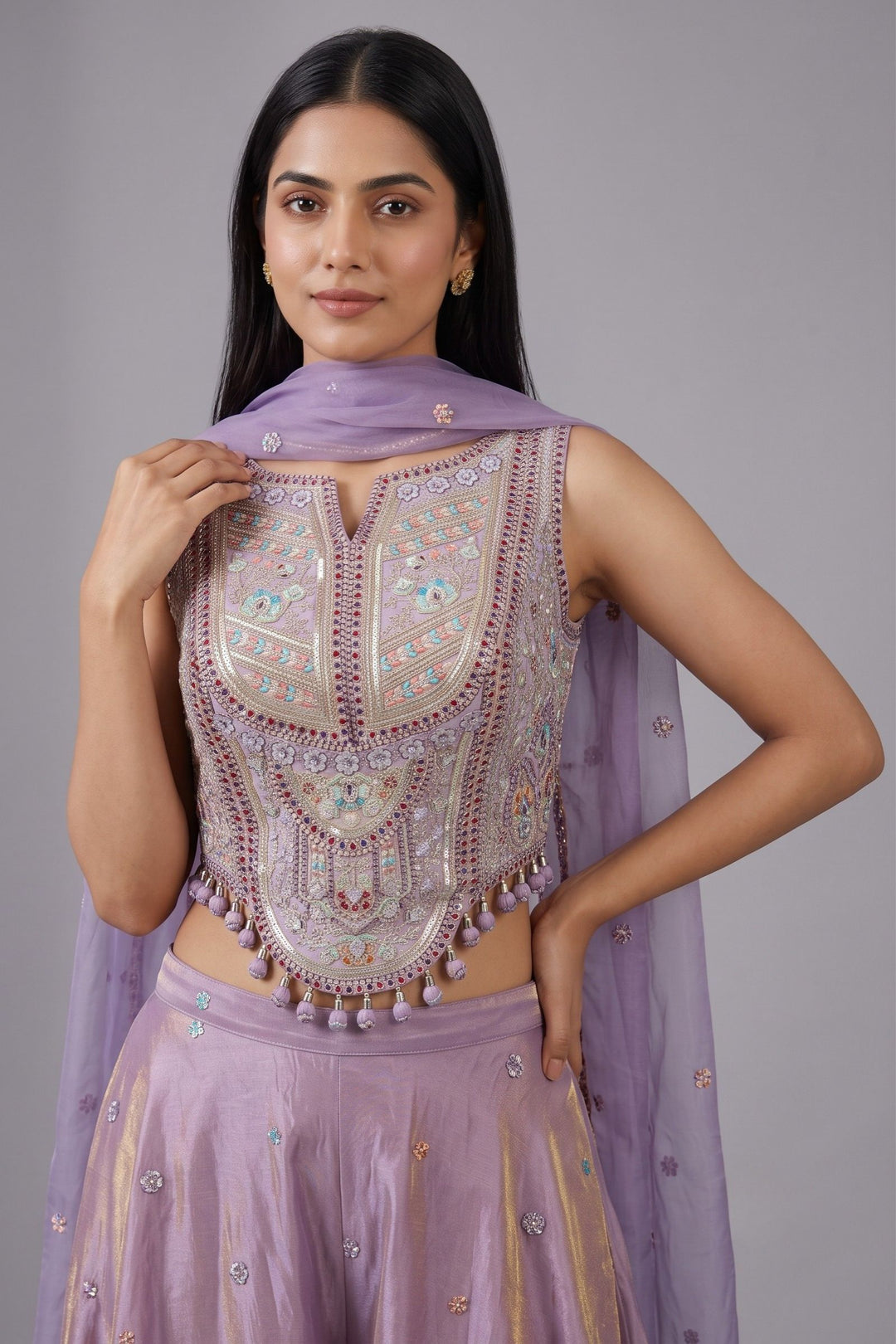 Lavender Zari, Sequins and Multicolor Thread work Palazzo Suit Set