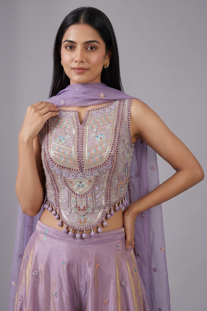 Lavender Zari, Sequins and Multicolor Thread work Palazzo Suit Set