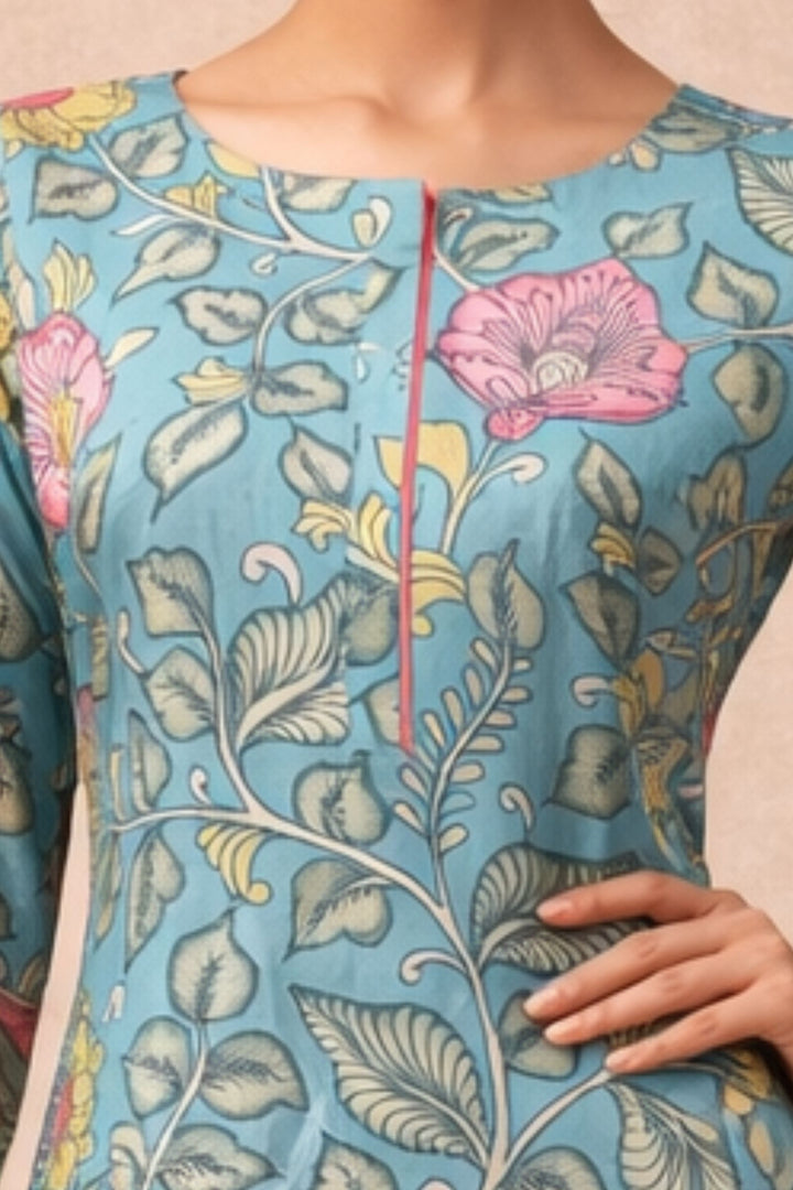 Sea Blue Beads work with Floral Print A-line Cut Calf Length Kurti