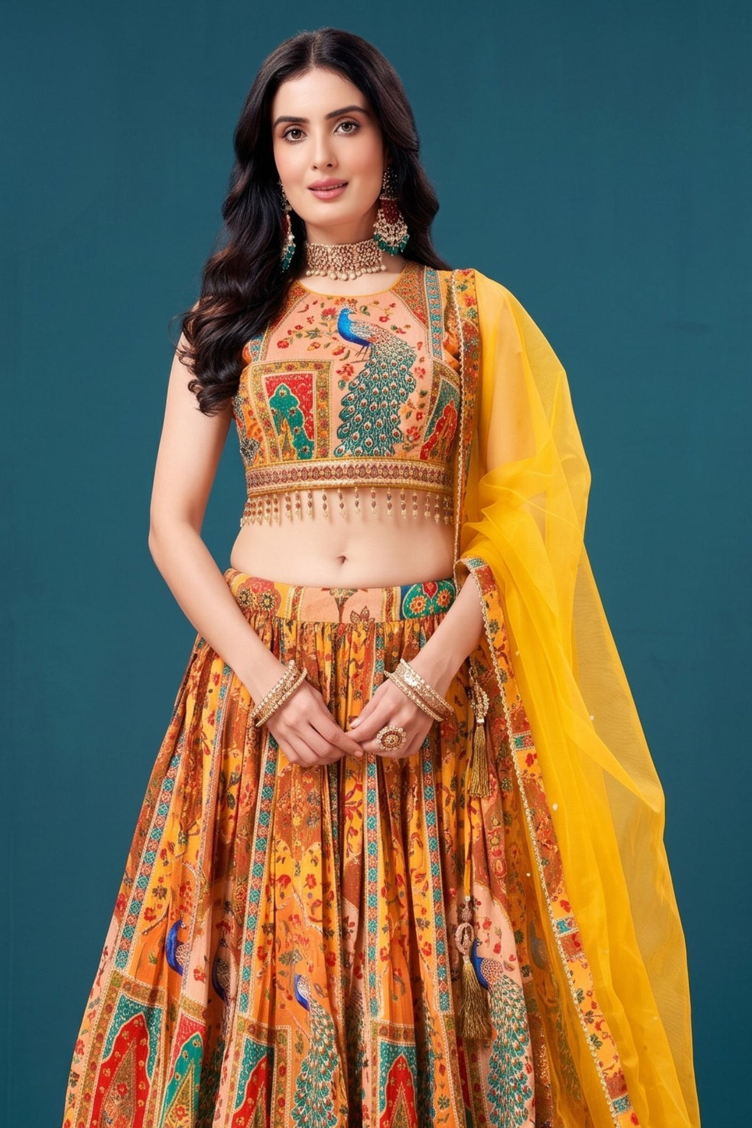 Mustard Mirror, Stone, Zari and Sequins work with Peacock Motif Printed Lehenga Set