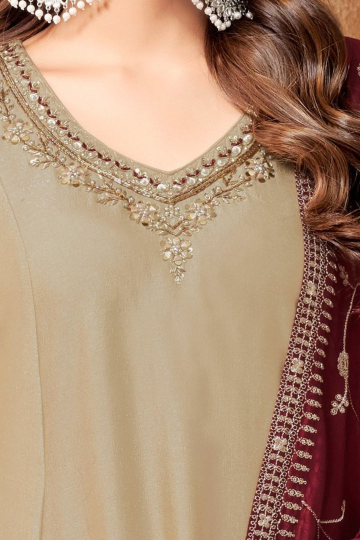 Beige Zardozi, Mirror and Beads work A-line Cut Salwar Suit