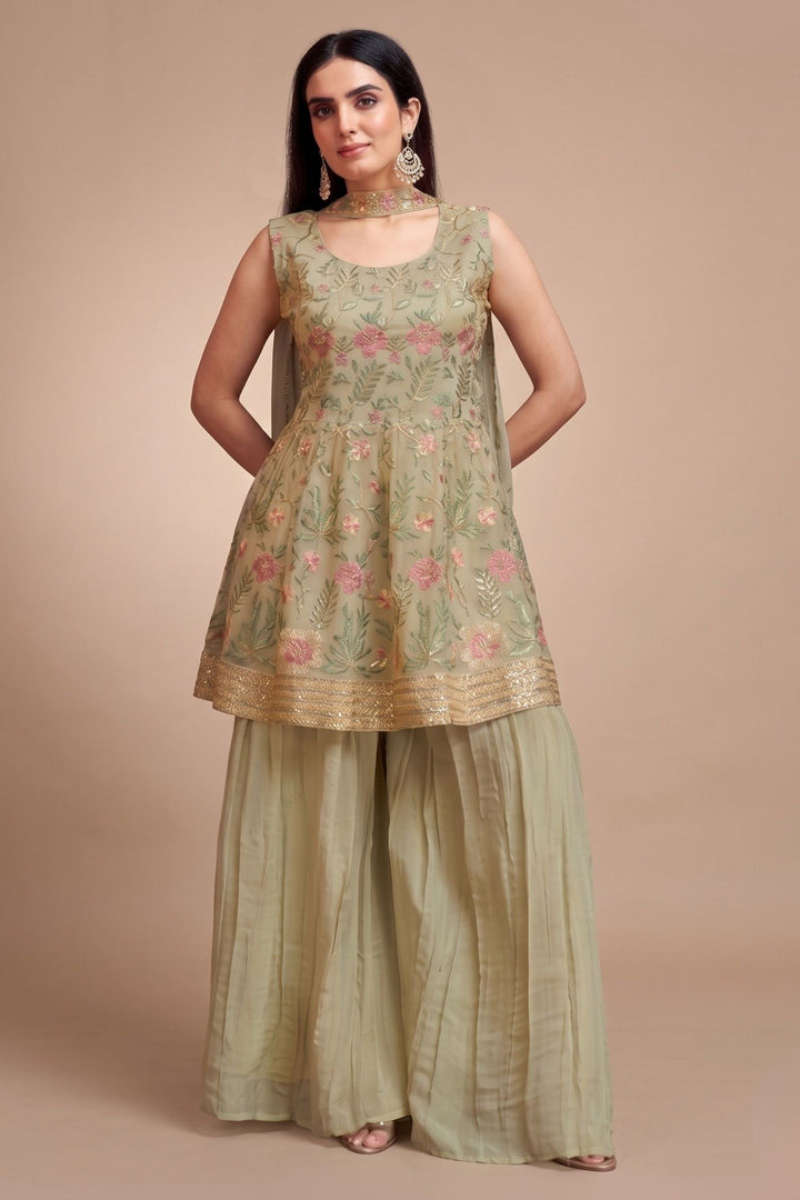 Dusty Green Embroidery, Zari and Sequins work Palazzo Set with Peplum Top