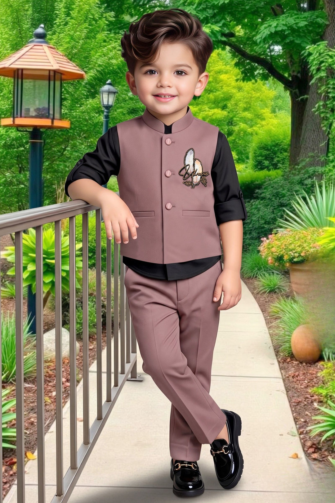 Light Brown Boys Waistcoat Set with Black Shirt and Light Brown Pants