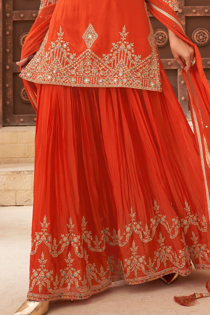 Orange Multicolor Thread, Zari, Mirror, Sequins and Pearl work Palazzo Salwar Suit
