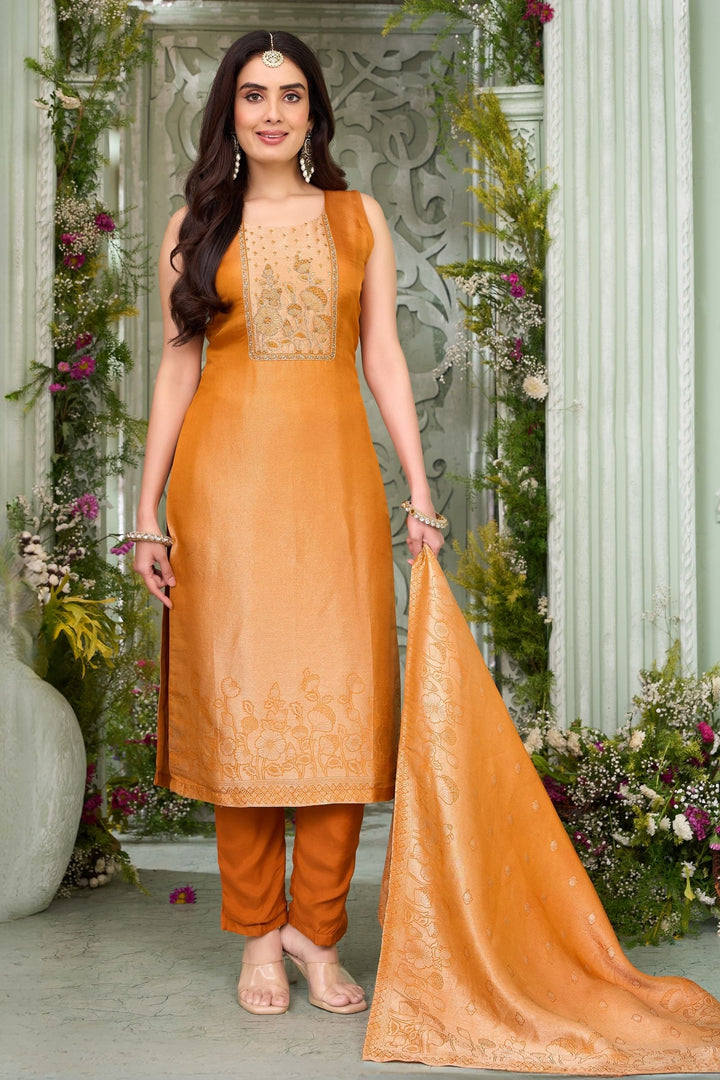Orange Stone, Zari, Thread and Beads work Straight Cut Salwar Suit