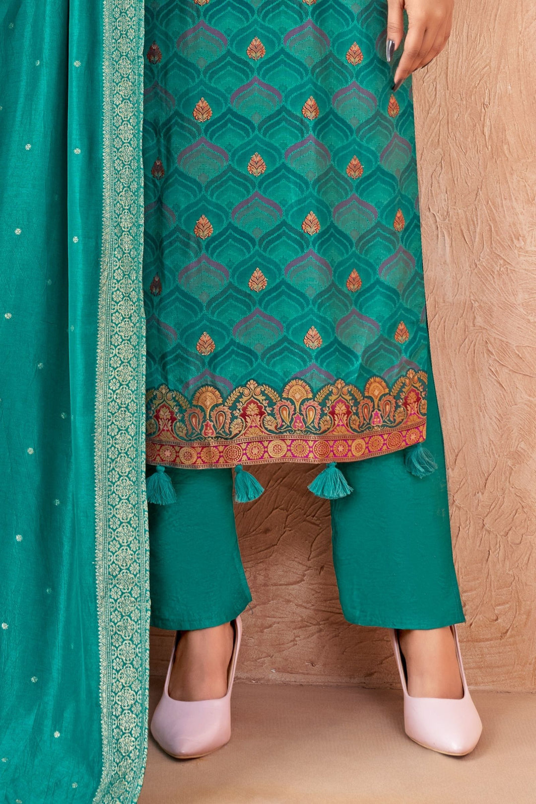 Rama Green Banaras and Embroidery work with Multicolor Digital Print Straight Cut Salwar Suit