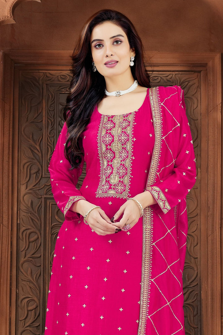 Rani Pink Sequins, Zari and Beads work Straight Cut Salwar Suit
