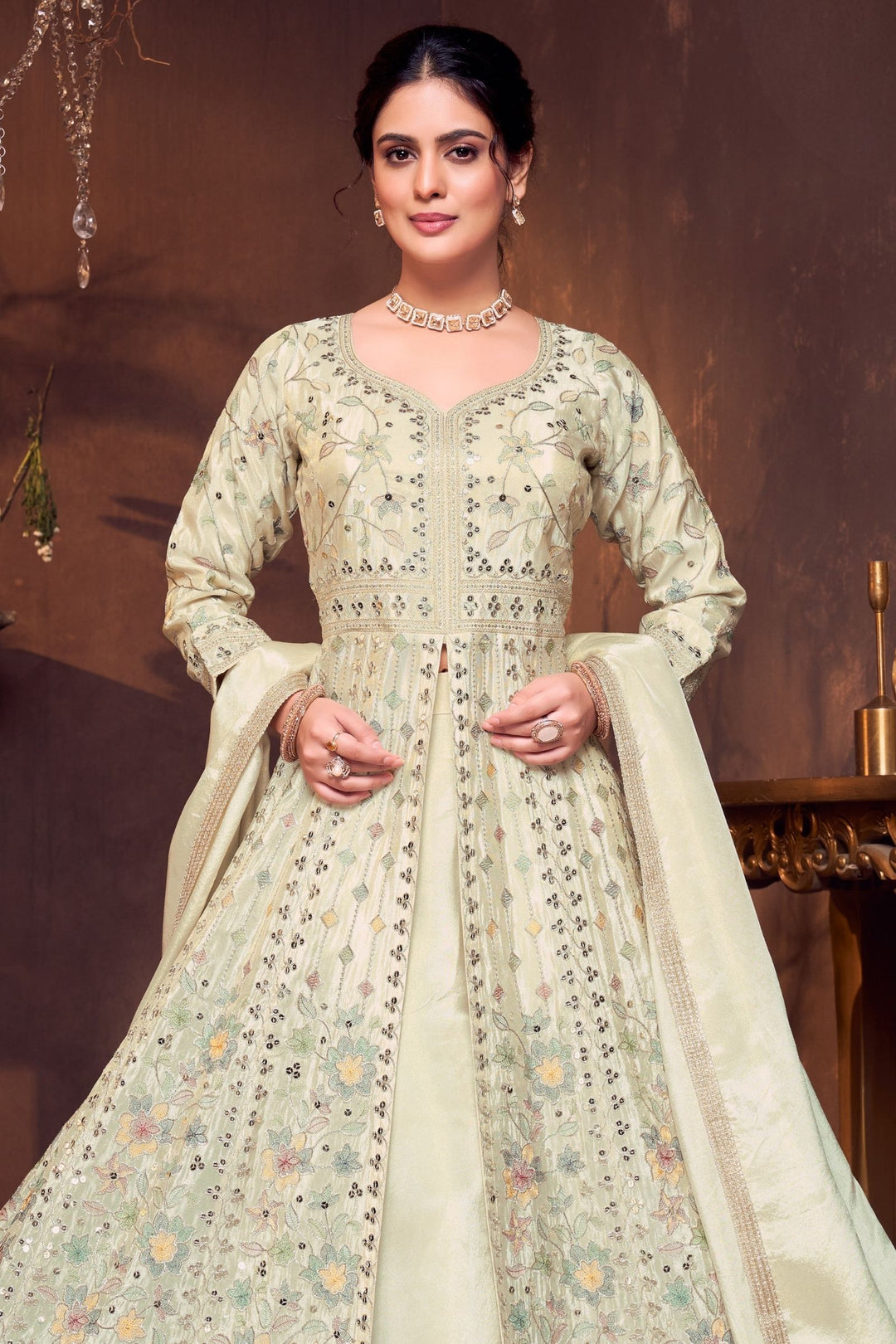 Pista Green Sequins, Zari and Multicolor Thread work Palazzo Salwar Suit