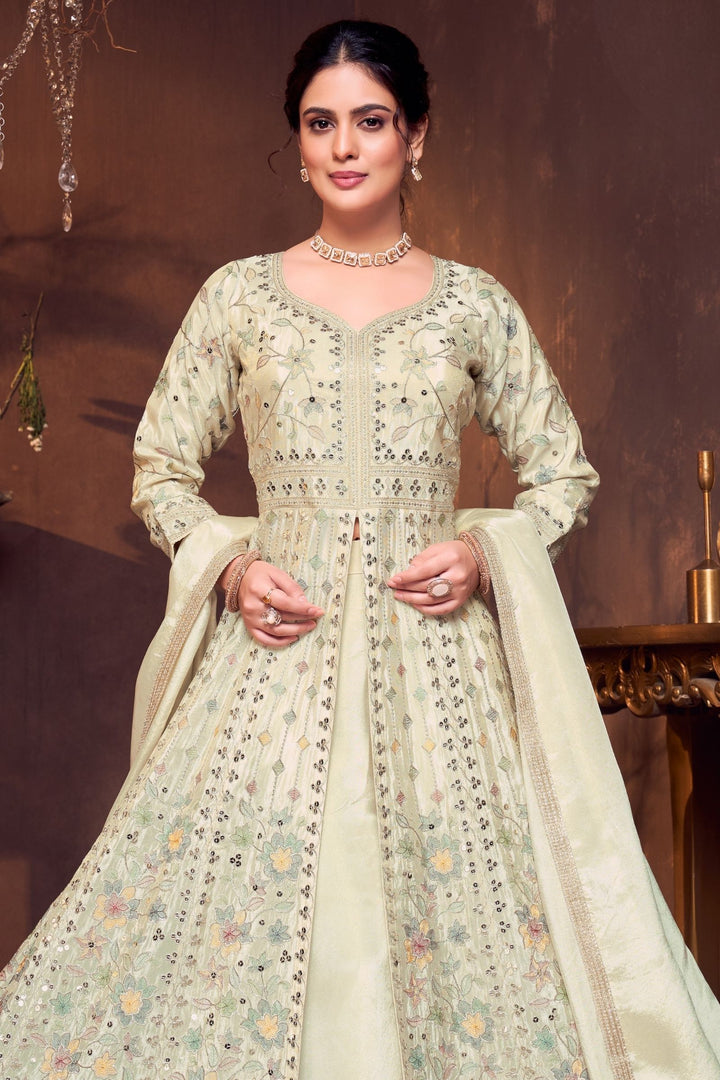 Pista Green Sequins, Zari and Multicolor Thread work Palazzo Salwar Suit