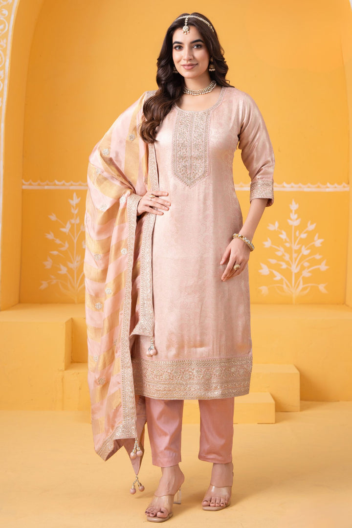 Peach Banaras, Zari Thread and Stone work Straight Cut Salwar Suit