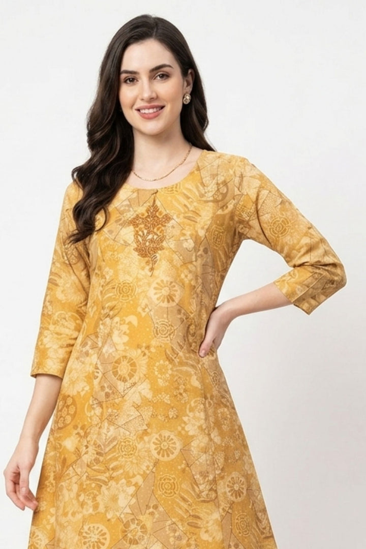 Mustard Embroidery and Mirror work with Digital Print A-Line Cut Calf Length Kurti
