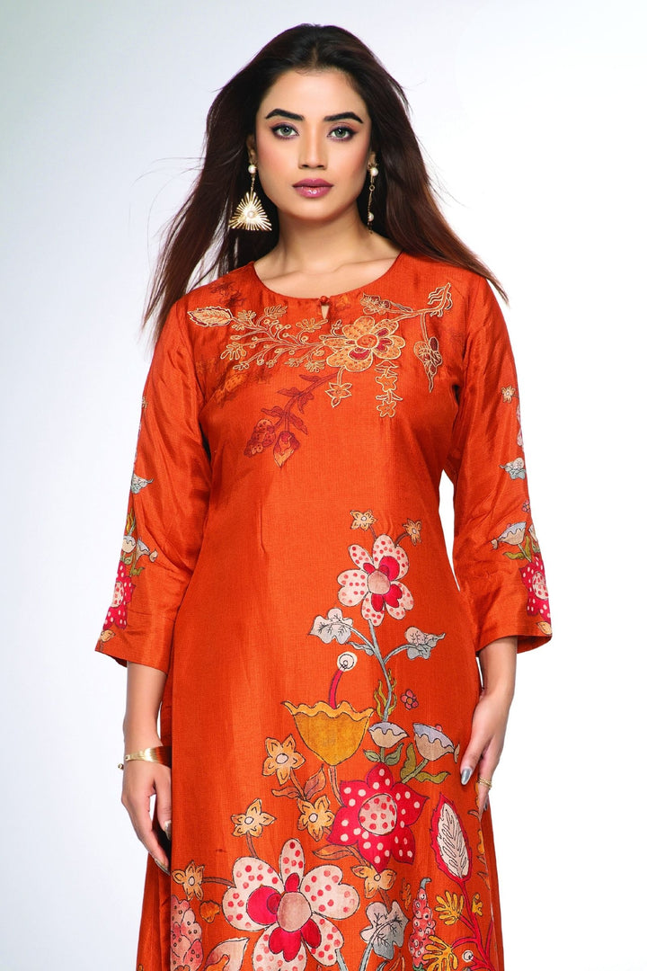 Rust Orange Floral Print Straight Kurta Set