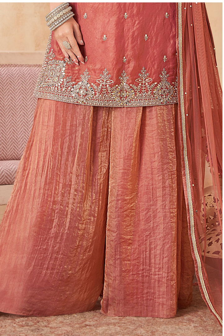 Light Orange Mirror, Stone, Zari and Pearls work Palazzo Salwar Suit