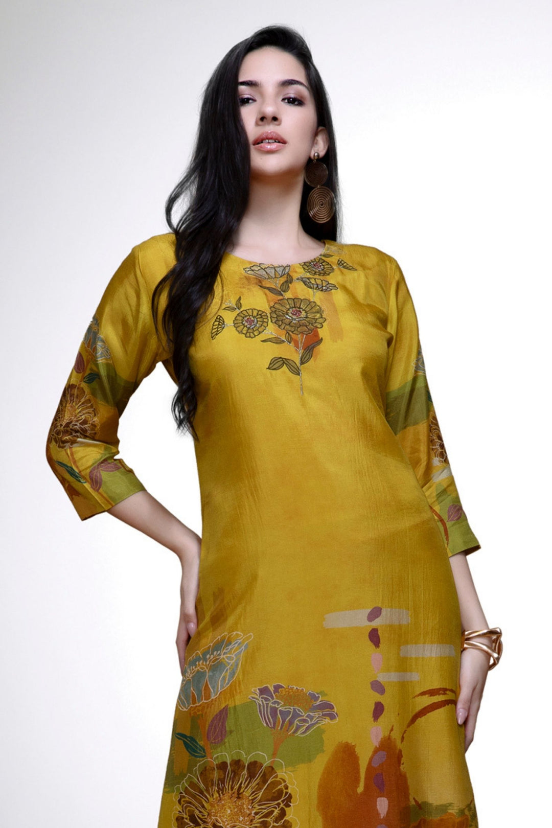 Mehendi Green Floral Print Calf Length Kurti