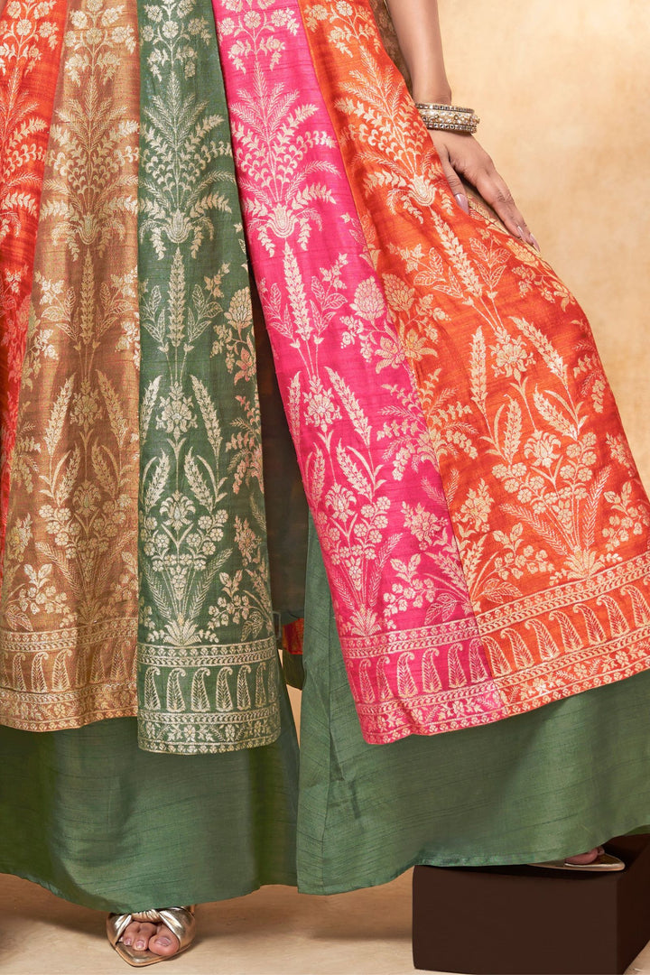 Multicolor Banaras, Sequins and Beads work Anarkali Style Salwar Suit with Palazzo Pant