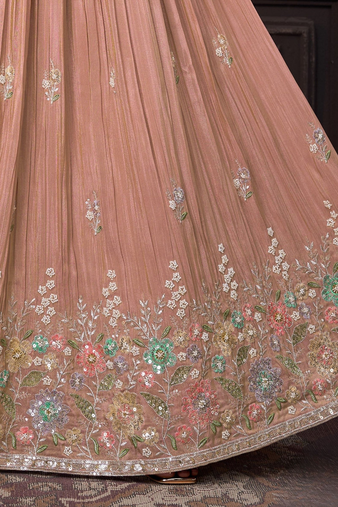 Peach Sequins, Beads and Multicolor Thread work Crop Top Lehenga