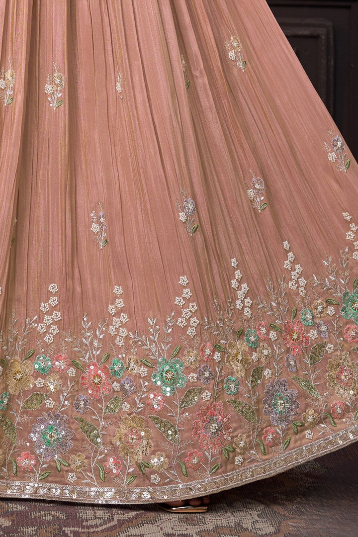 Peach Sequins, Beads and Multicolor Thread work Crop Top Lehenga