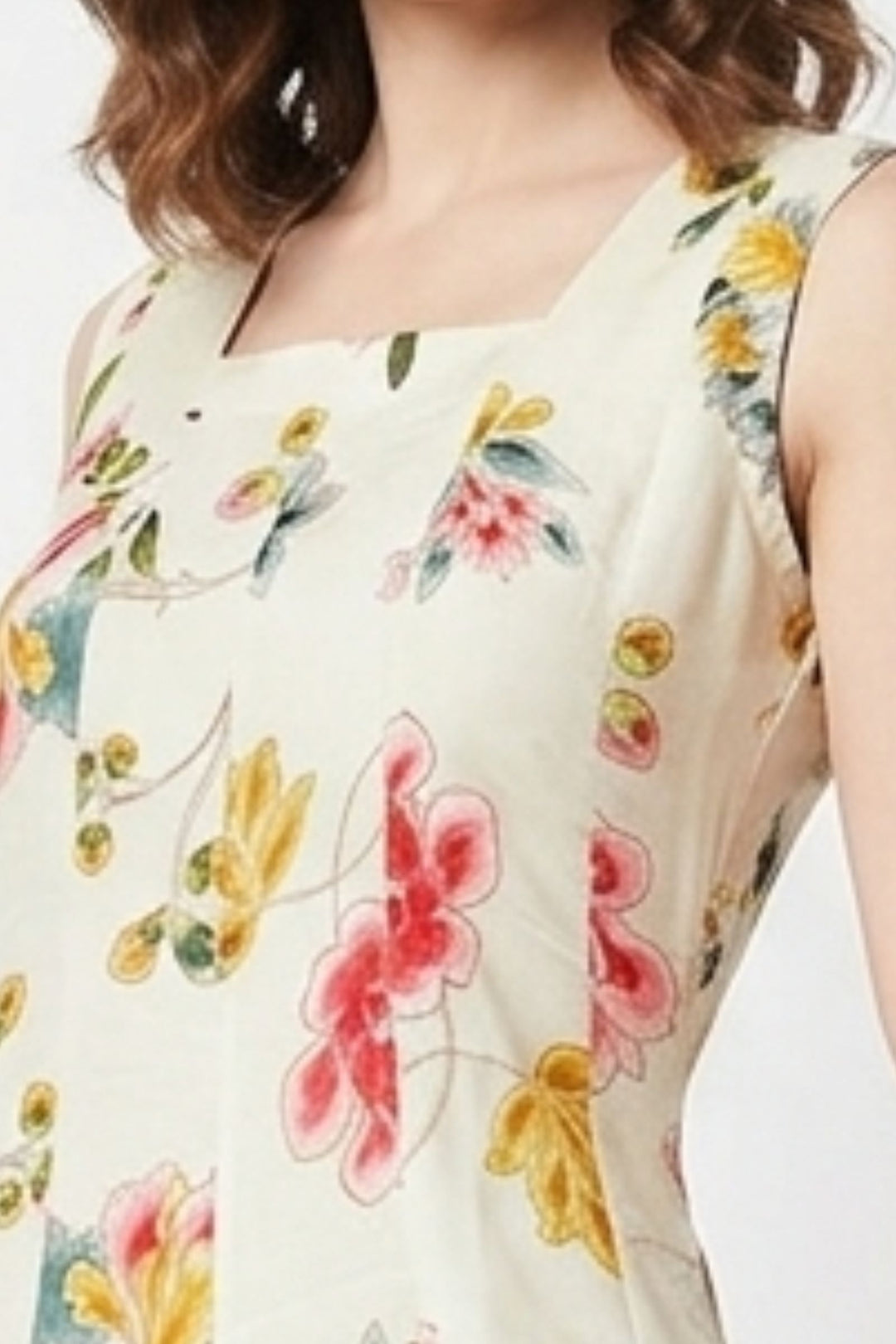 Cream with Floral Print Anarkali Styled Kurti