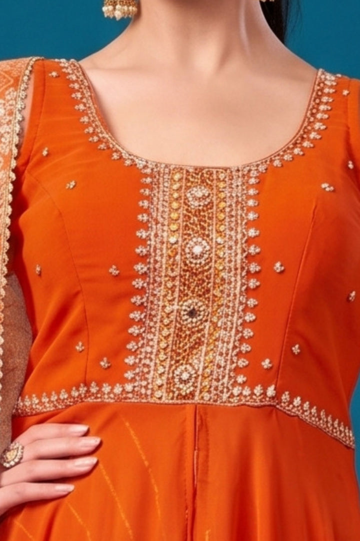 Orange Zardozi, Mirror, Zari and Stone work Mastani Styled Palazzo Suit