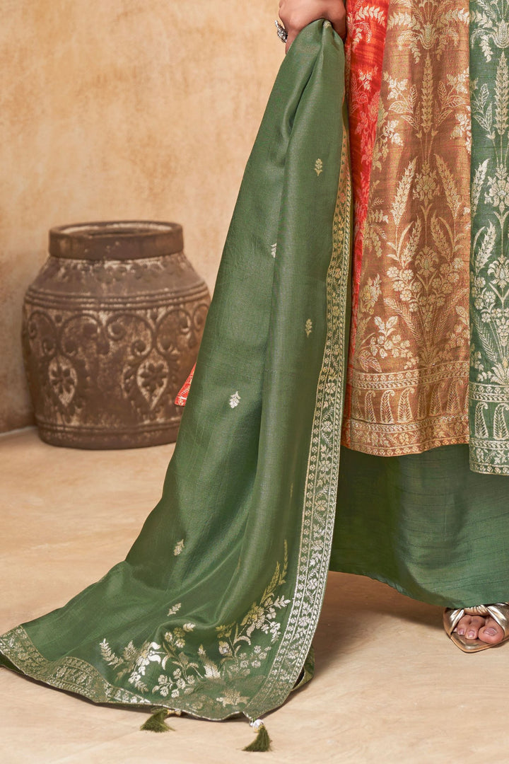 Multicolor Banaras, Sequins and Beads work Anarkali Style Salwar Suit with Palazzo Pant
