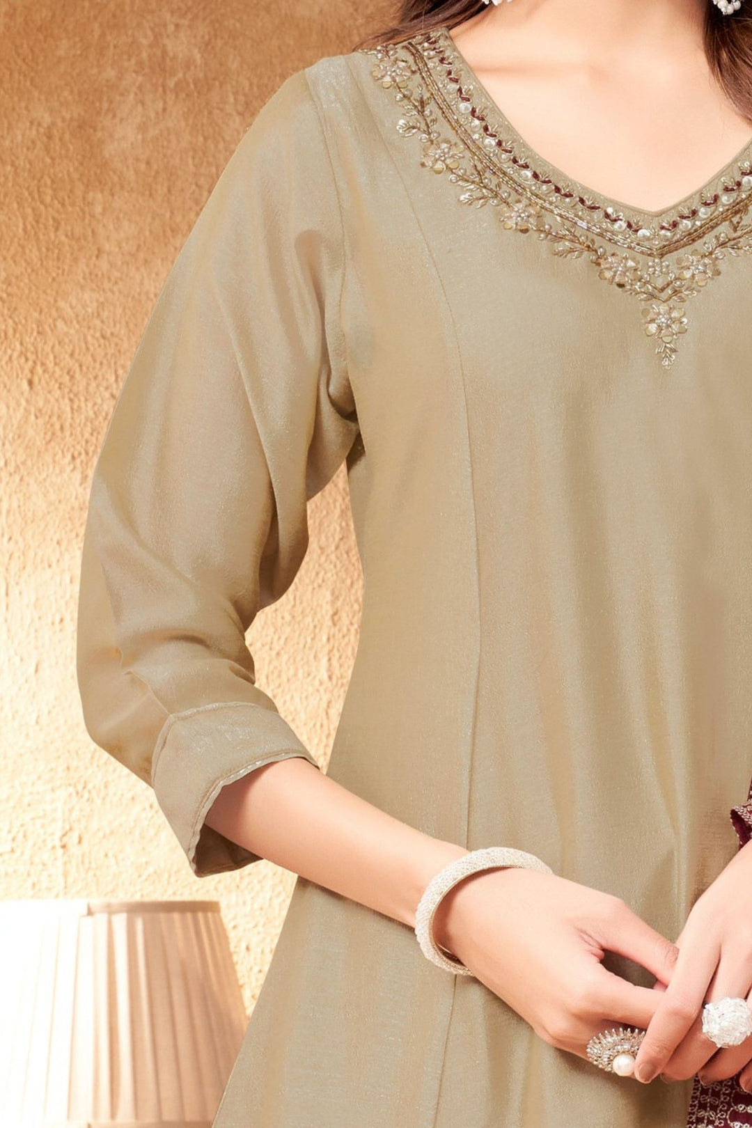 Beige Zardozi, Mirror and Beads work A-line Cut Salwar Suit