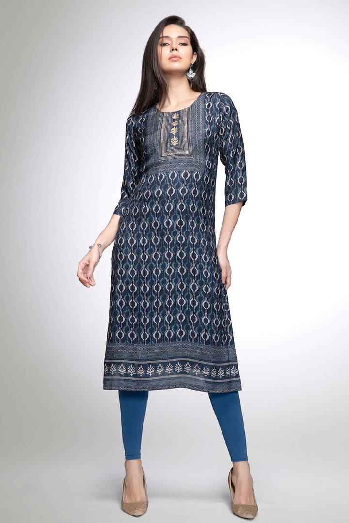 Navy Blue Mirror, Zari and Thread work with Digital Print Calf Length Kurti