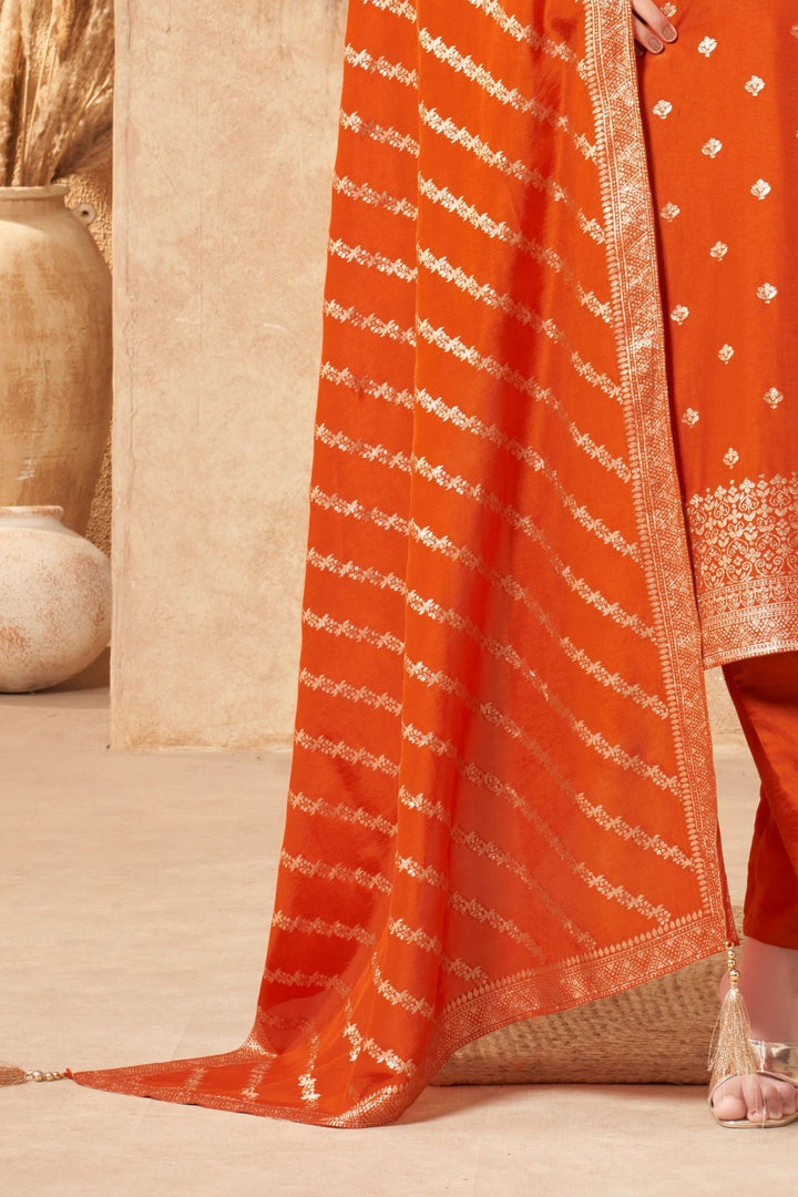 Orange Banaras, Zardozi, Beads and Sequins work Straight Cut Salwar Suit