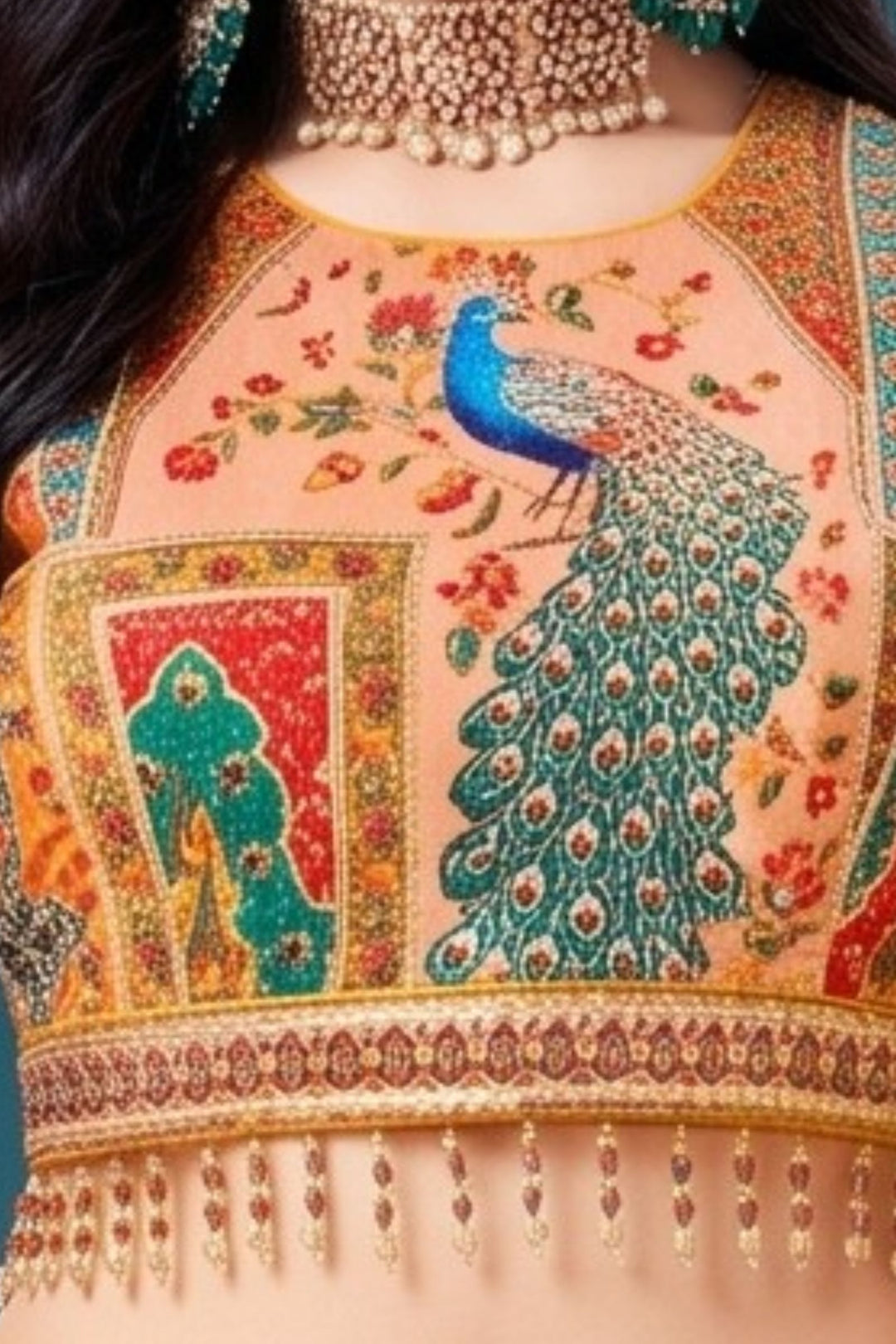 Mustard Mirror, Stone, Zari and Sequins work with Peacock Motif Printed Lehenga Set