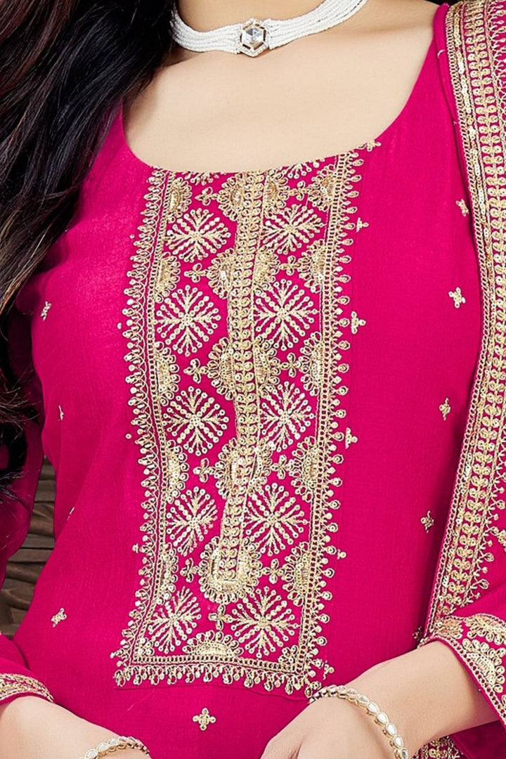 Rani Pink Sequins, Zari and Beads work Straight Cut Salwar Suit