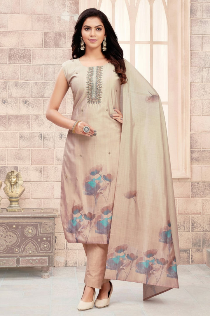 Beige Beads, Zardozi, Sequins, Thread and Mirror work Straight Cut Salwar Suit