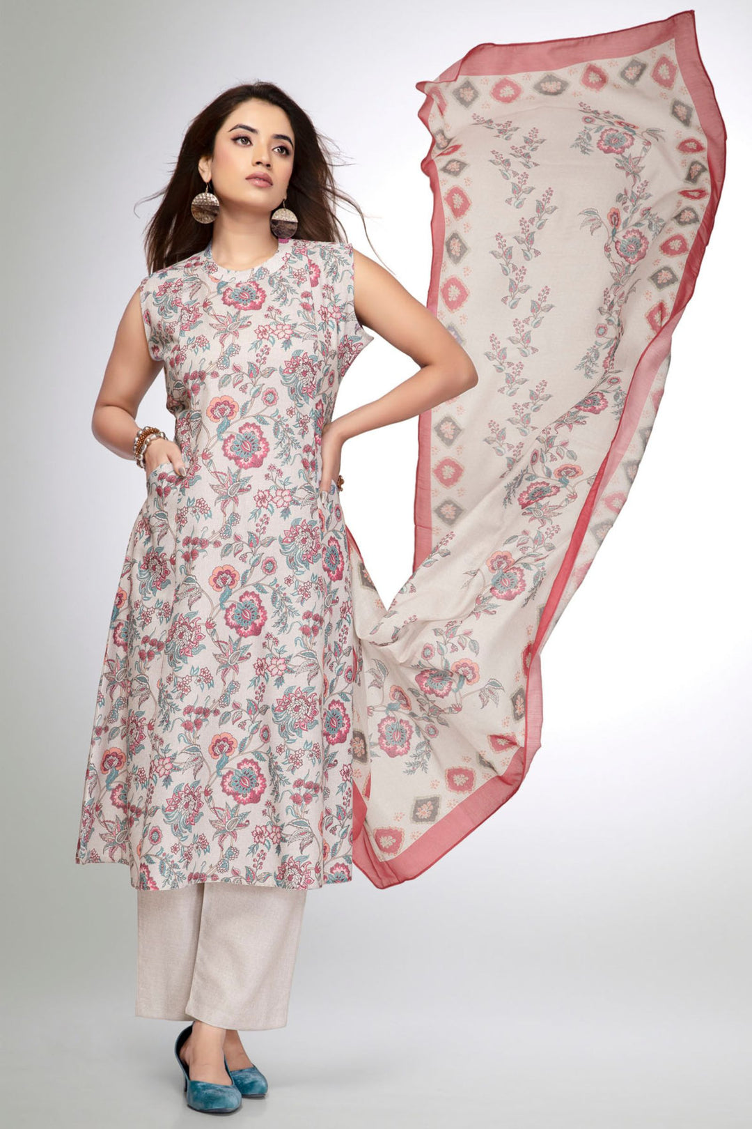 Grey Cotton Kurta Set with Delicate Floral Print and Dupatta