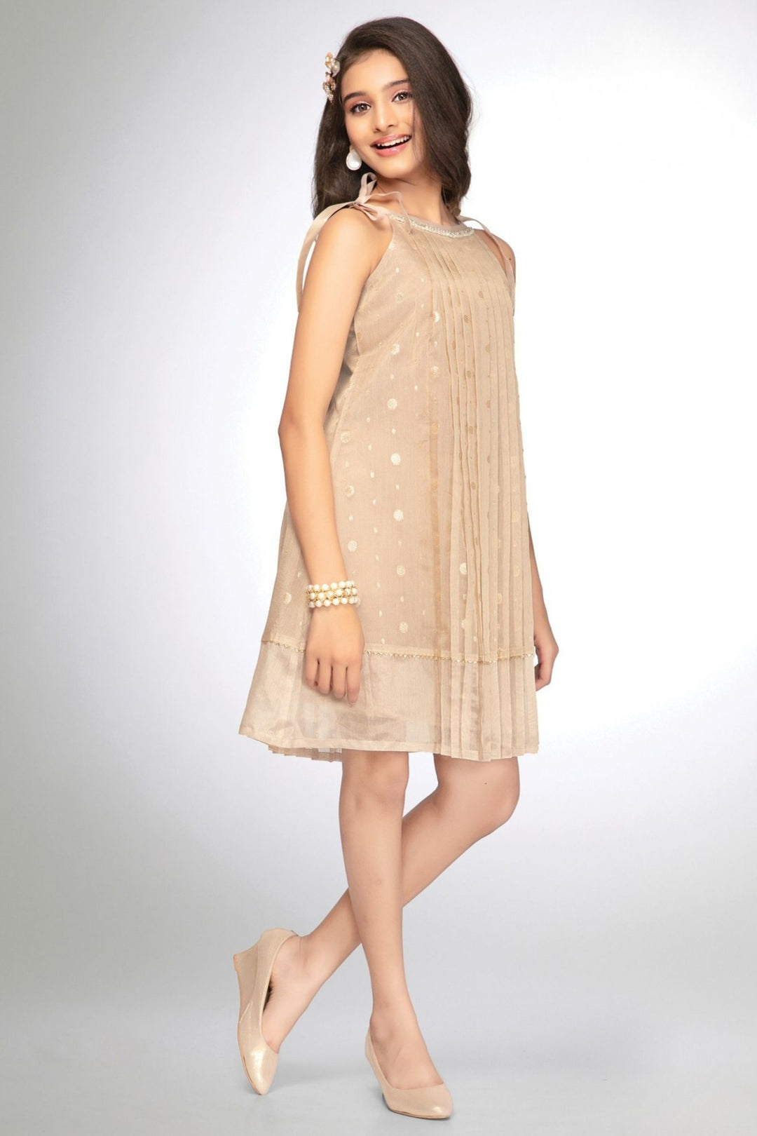 Girls Tie-Shoulder Casual Frock with Pleated Front