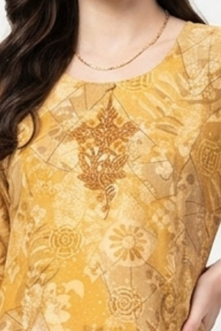 Mustard Embroidery and Mirror work with Digital Print A-Line Cut Calf Length Kurti