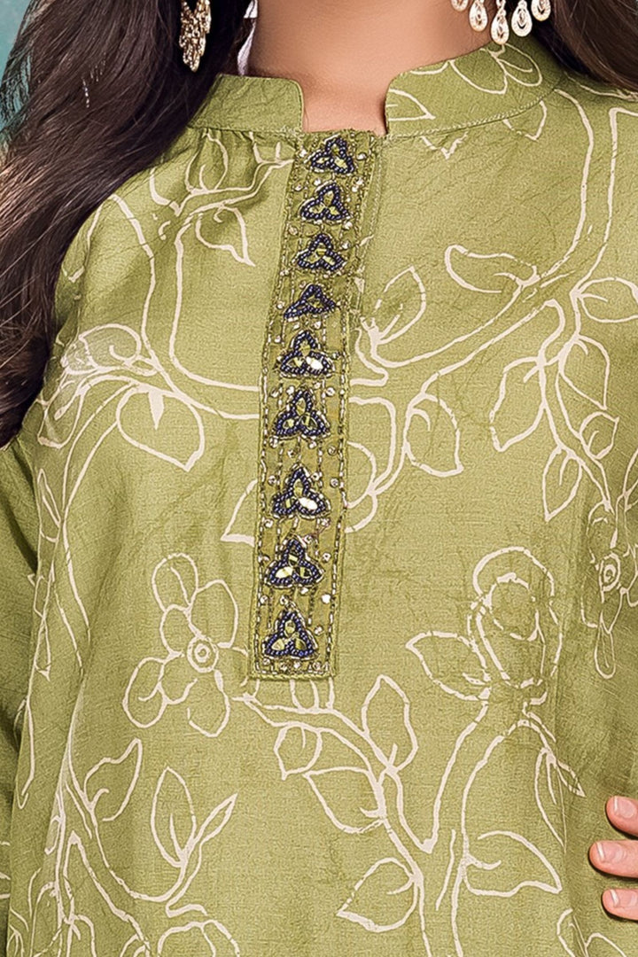 Pista Green Mirror and Beads work with Printed Straight Cut Salwar Suit for Girls