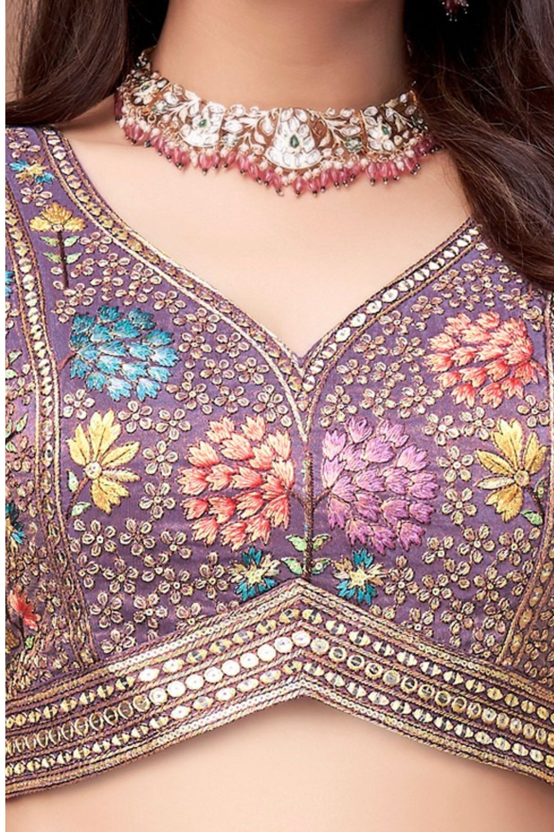 Lavender Multicolor Embroidery, Zari and Sequins work Crop Top Lehenga