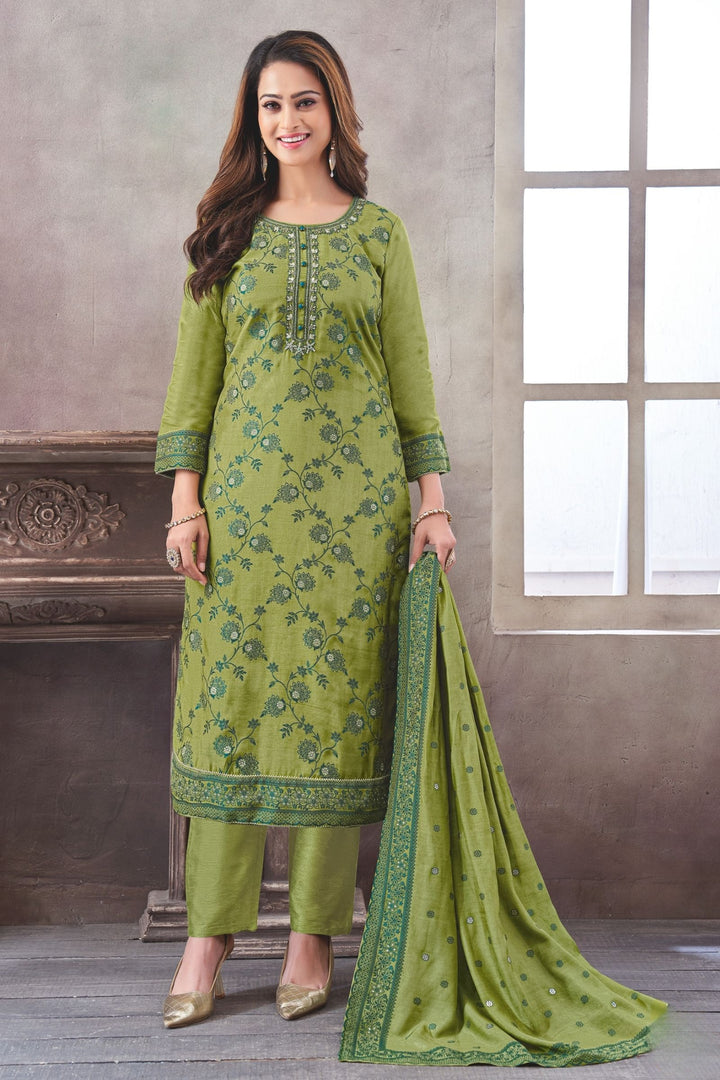 Green Beads, Sequins and Jacquard work Straight Cut Salwar Suit