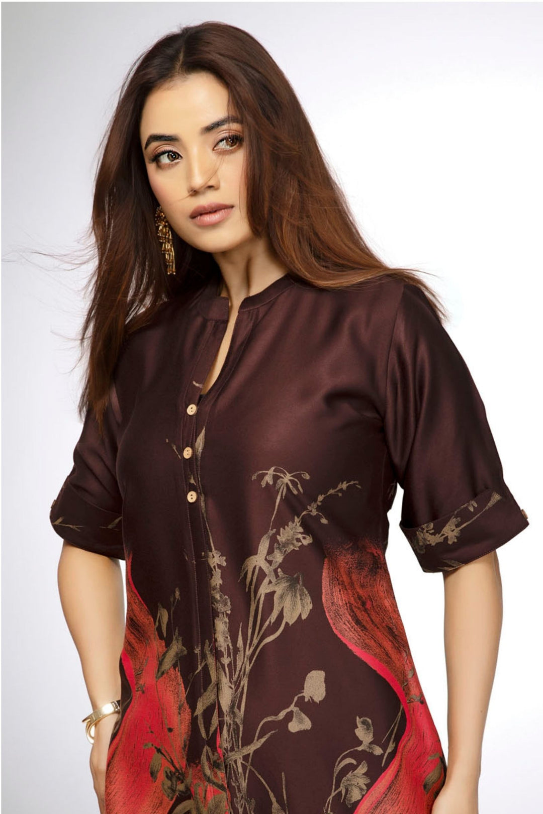 Coffee Brown Floral Print Short Kurti